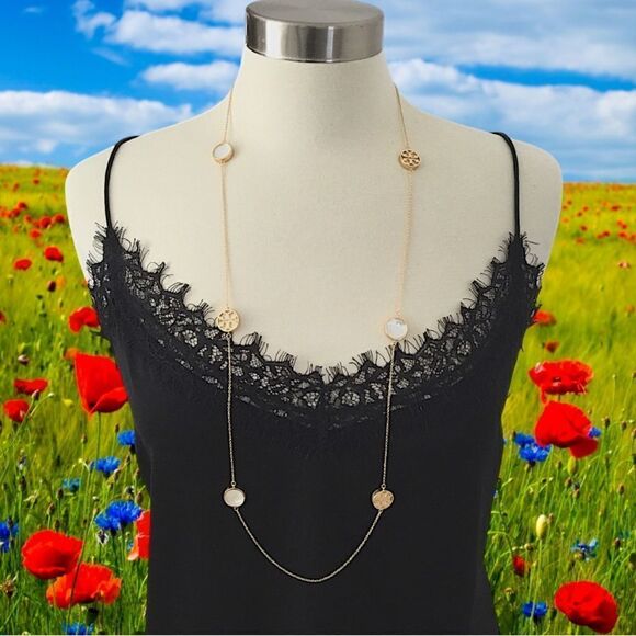 TORY BURCH DOUBLE T LOGO / MOTHER OF PEARL NECKLACE - Picture 1 of 4